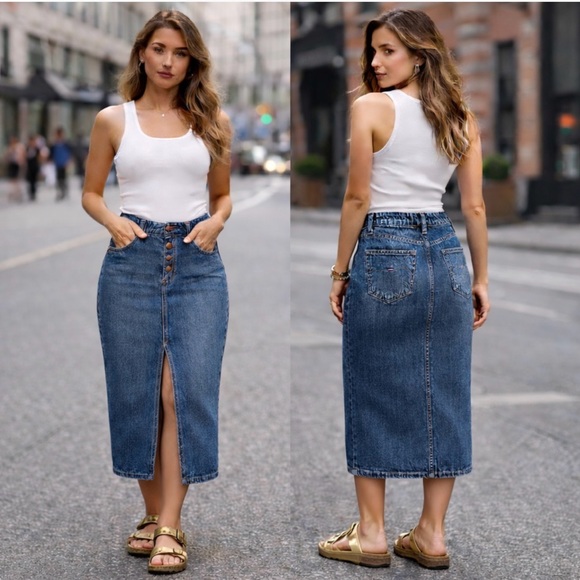 Tommy Hilfiger Dresses & Skirts - Tommy Hilfiger Vintage Y2K Denim Maxi Skirt Front Slit Exposed Buttons Size 10